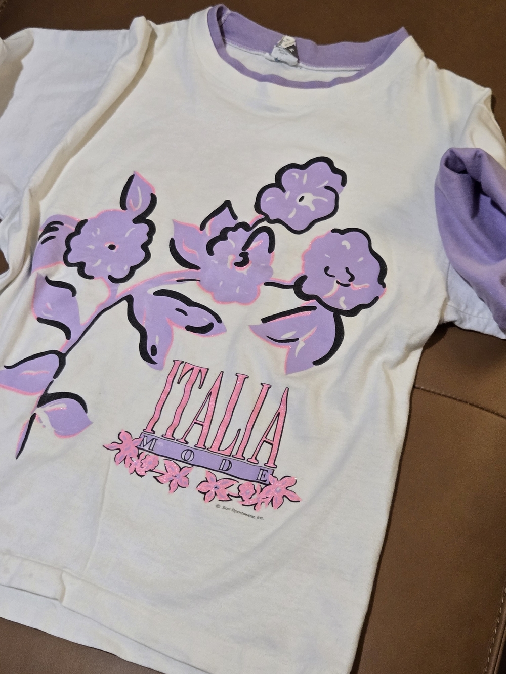 Vintage White Tee with Floral Graphic - Italia Mode w/Foldover Dual Toned Sleeve